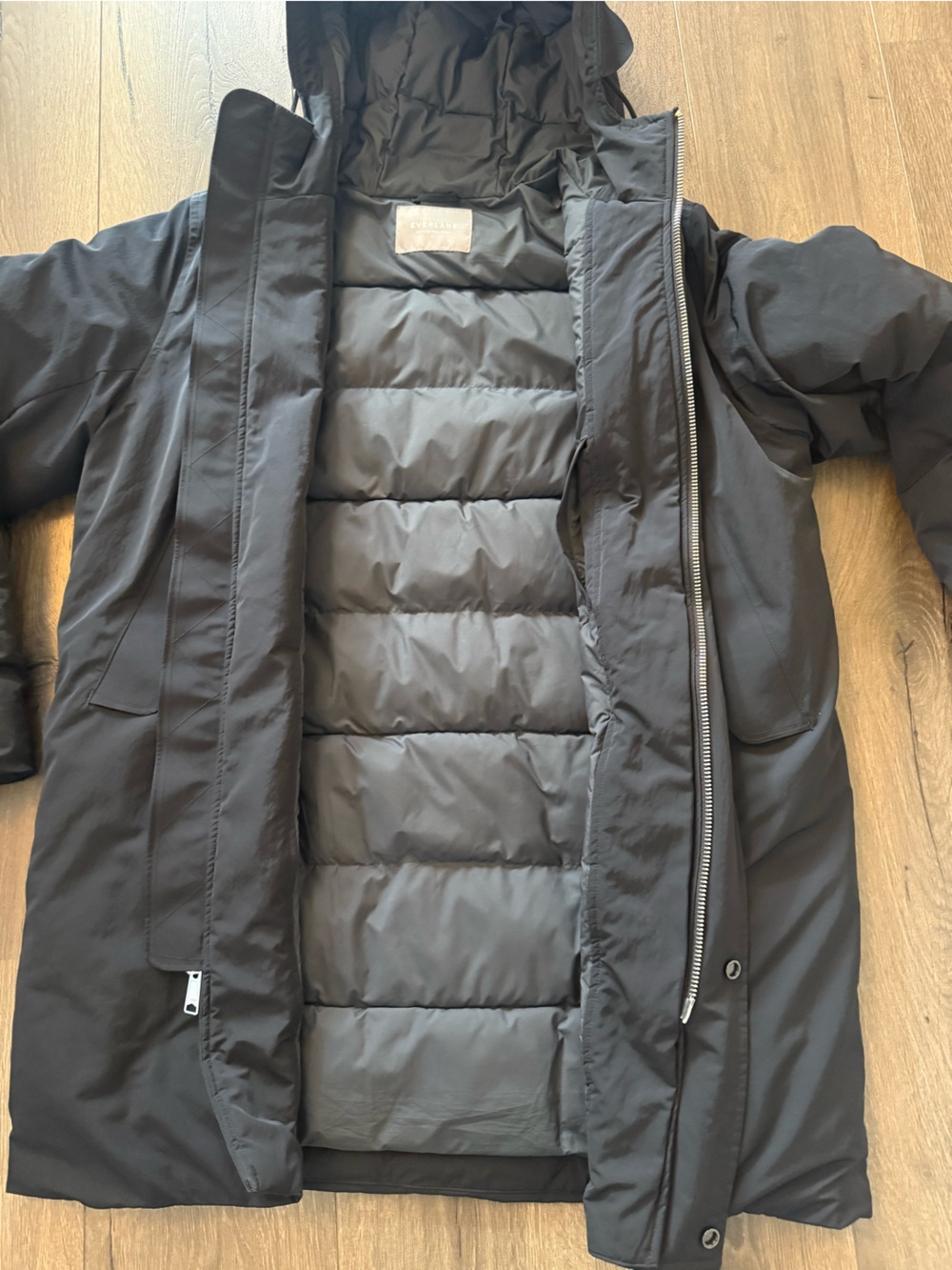 Everlane ReNew Long Puffer Jacket Black Hooded Winter Coat Size Large Outdoor - Picture 3 of 9